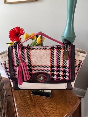 Coach RARE Turnlock Legacy Plaid Shoulder Bag Pink & Black Leather Trim - EUC